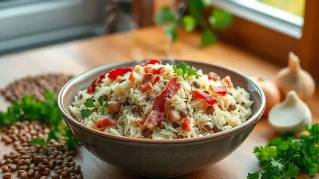 Rice with lentils crispy bacon and parsley