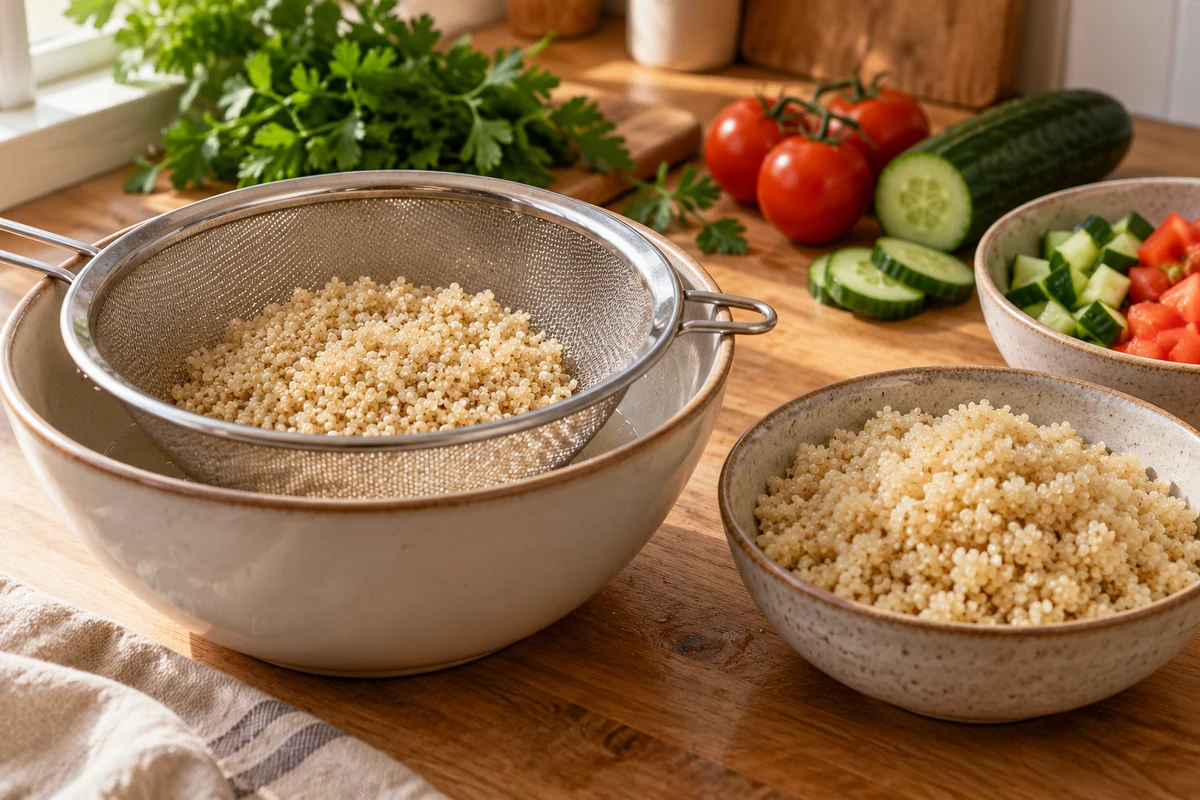 Rinsed quinoa in a sieve beside cooked quinoa and vegetables