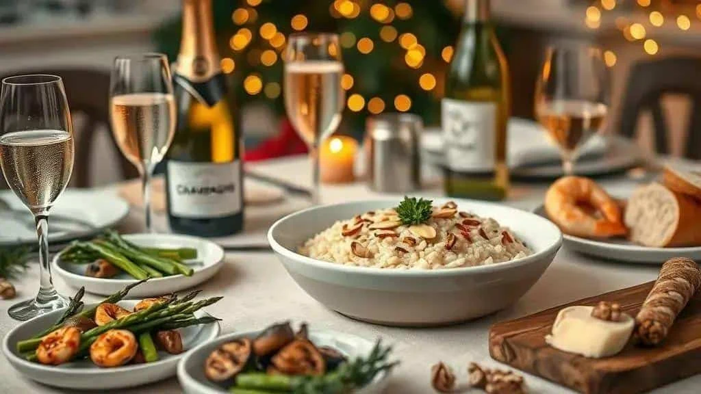 Risotto served with vegetables and sparkling wine at a festive table
