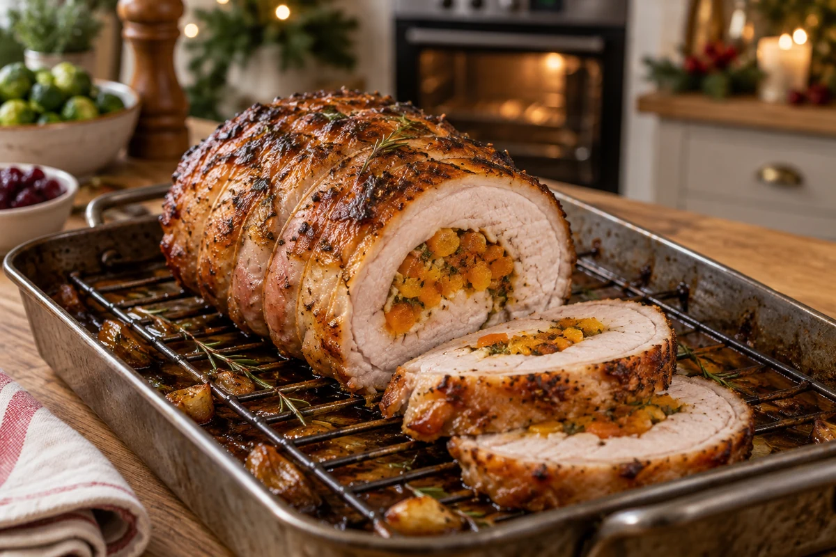Roast apricot-stuffed pork loin on a rack