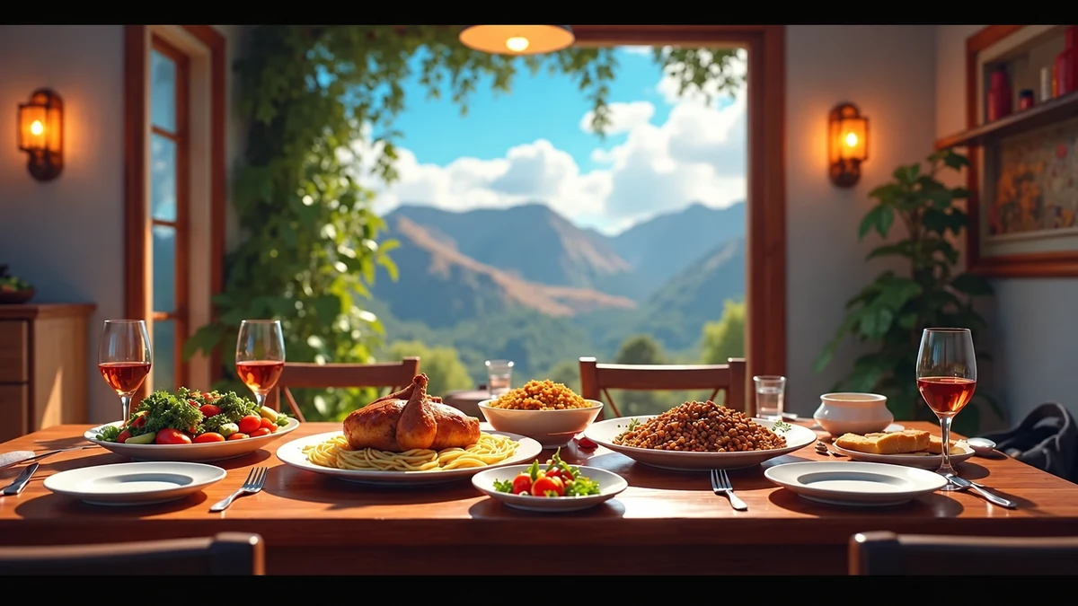 Roast chicken and side dishes on a wooden table