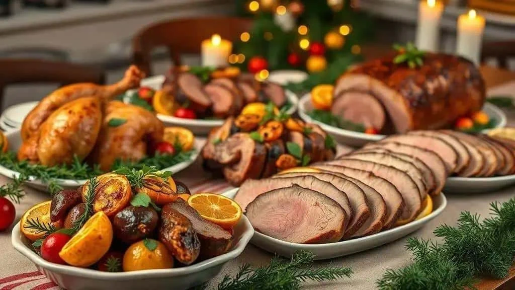Roast chicken and sliced meats on a festive table