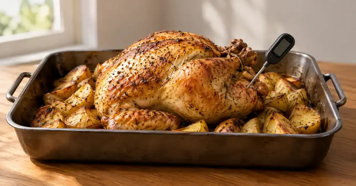 Roast chicken checked with a food thermometer Roast chicken checked with a food thermometer
