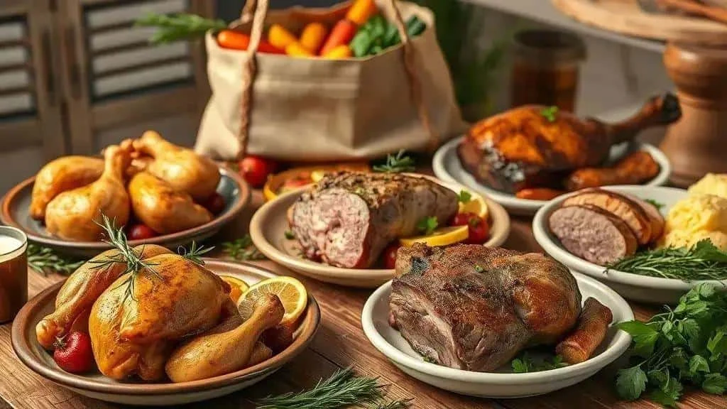 Roast chicken, pork and meatloaf on a kitchen table