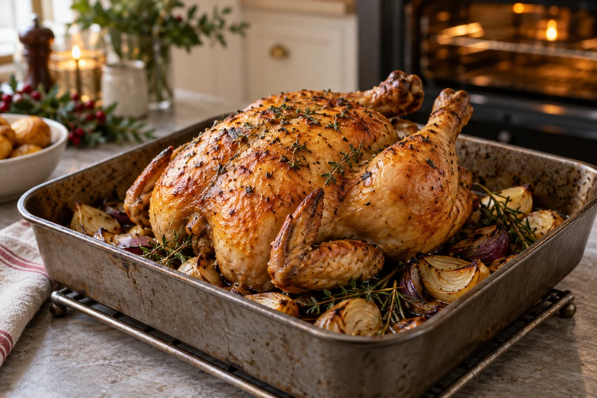 Roast chicken resting in a roasting tin
