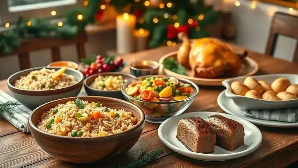 Roast chicken, rice and colourful side dishes on a Christmas table