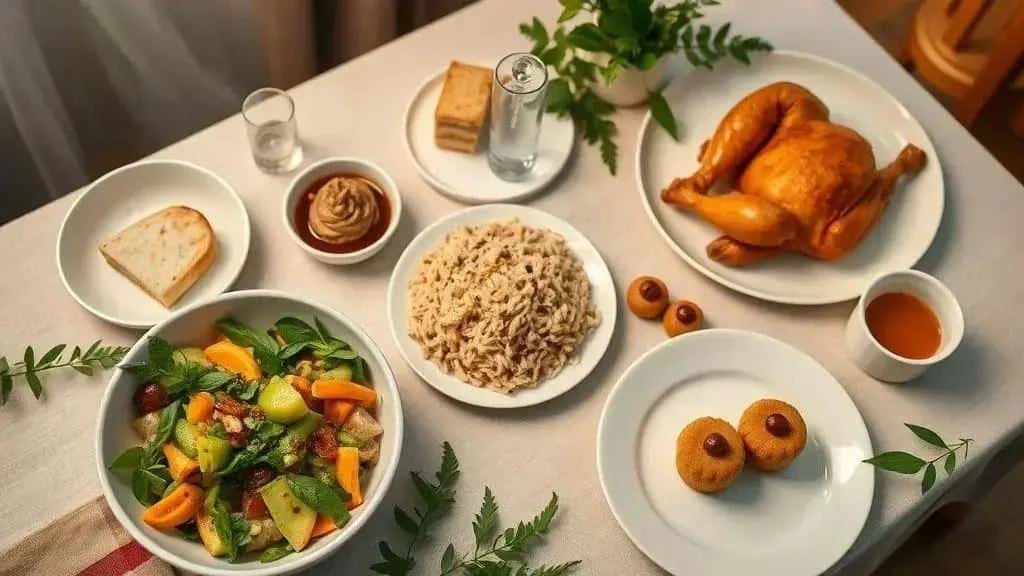 Roast chicken, rice and fruit salad