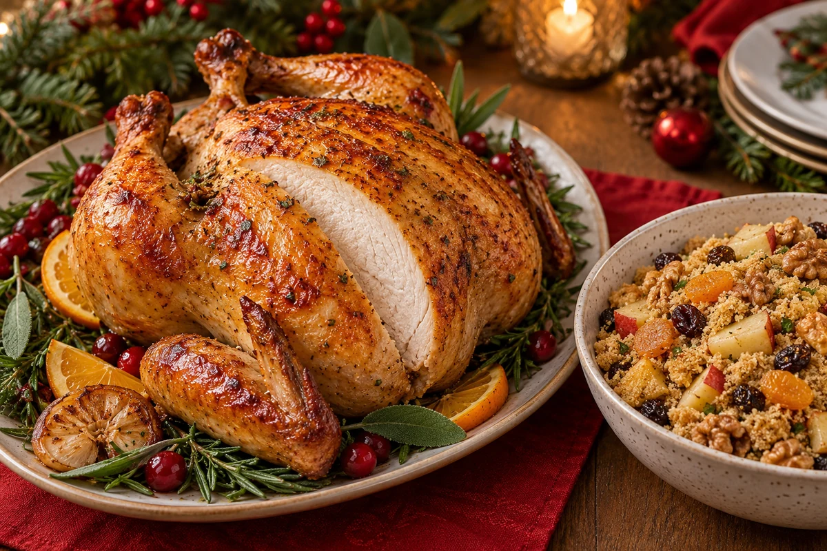 Roast chicken served with a separate bowl of farofa