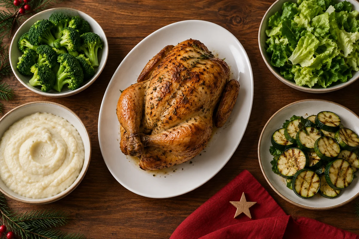 Roast chicken with broccoli lettuce cauliflower puree and courgettes