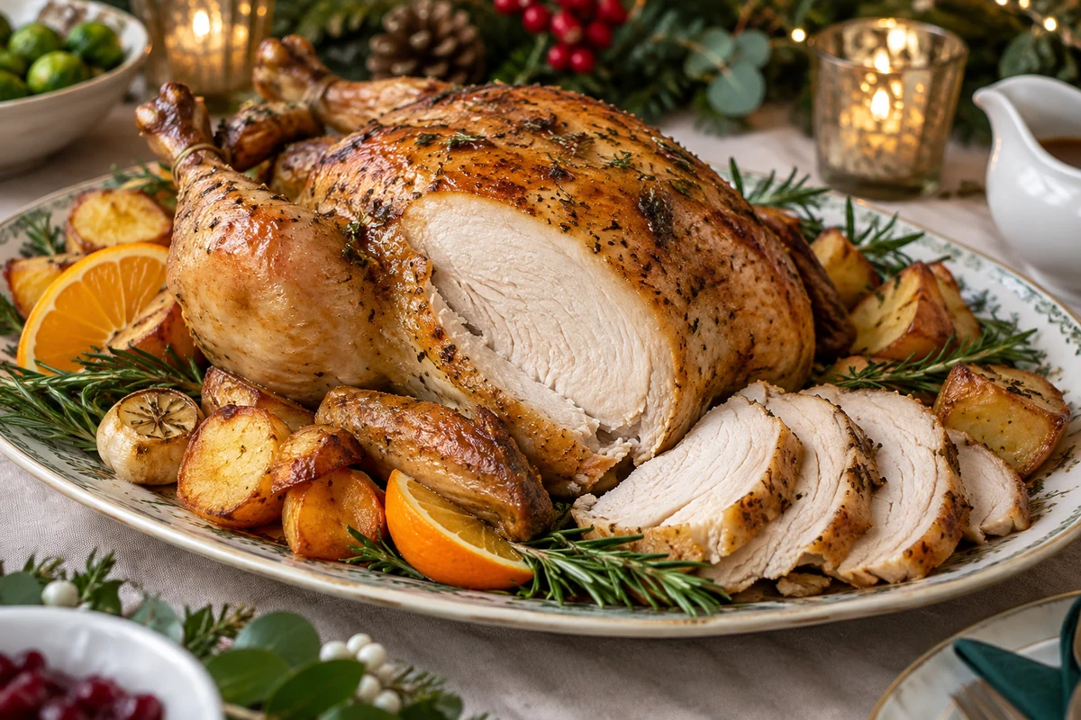 Roast chicken with sliced breast and vegetables