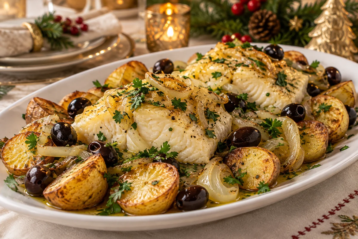 Roast cod loins with potatoes and herbs