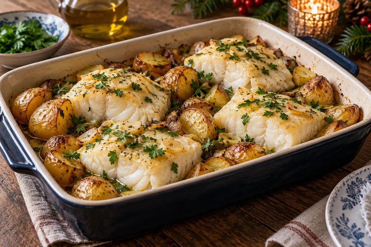 Roast cod with potatoes on a serving platter Roast cod with potatoes on a serving platter