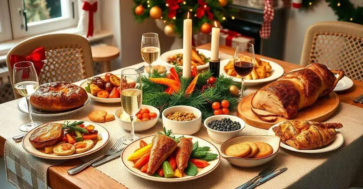 Roast dinner and side dishes on a decorated Christmas table