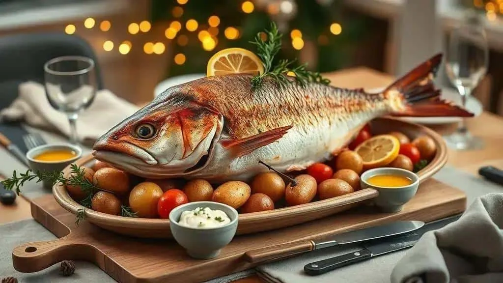 Roast fish with potatoes, lemon and a small bowl of sauce