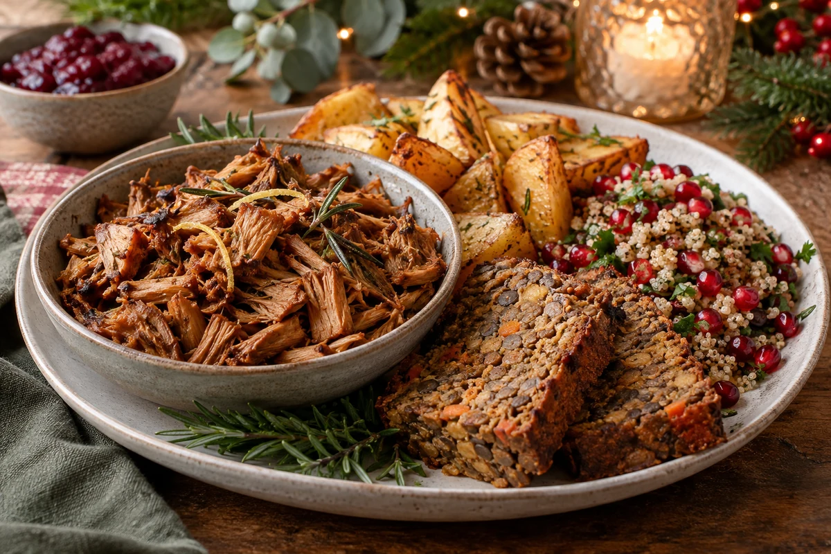 Roast jackfruit and vegan Christmas sides