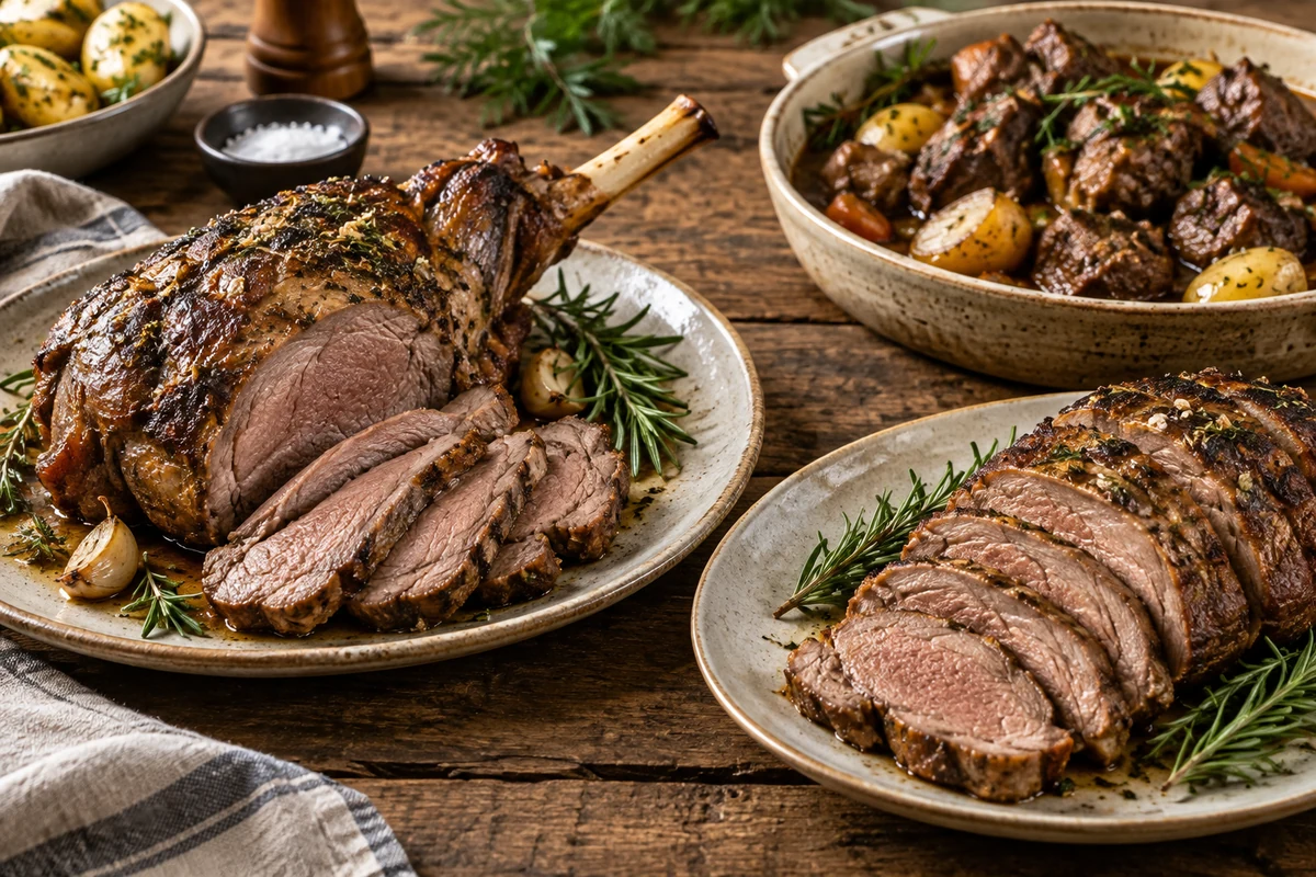 Roast lamb with rosemary in a roasting tin Roast lamb with rosemary in a roasting tin