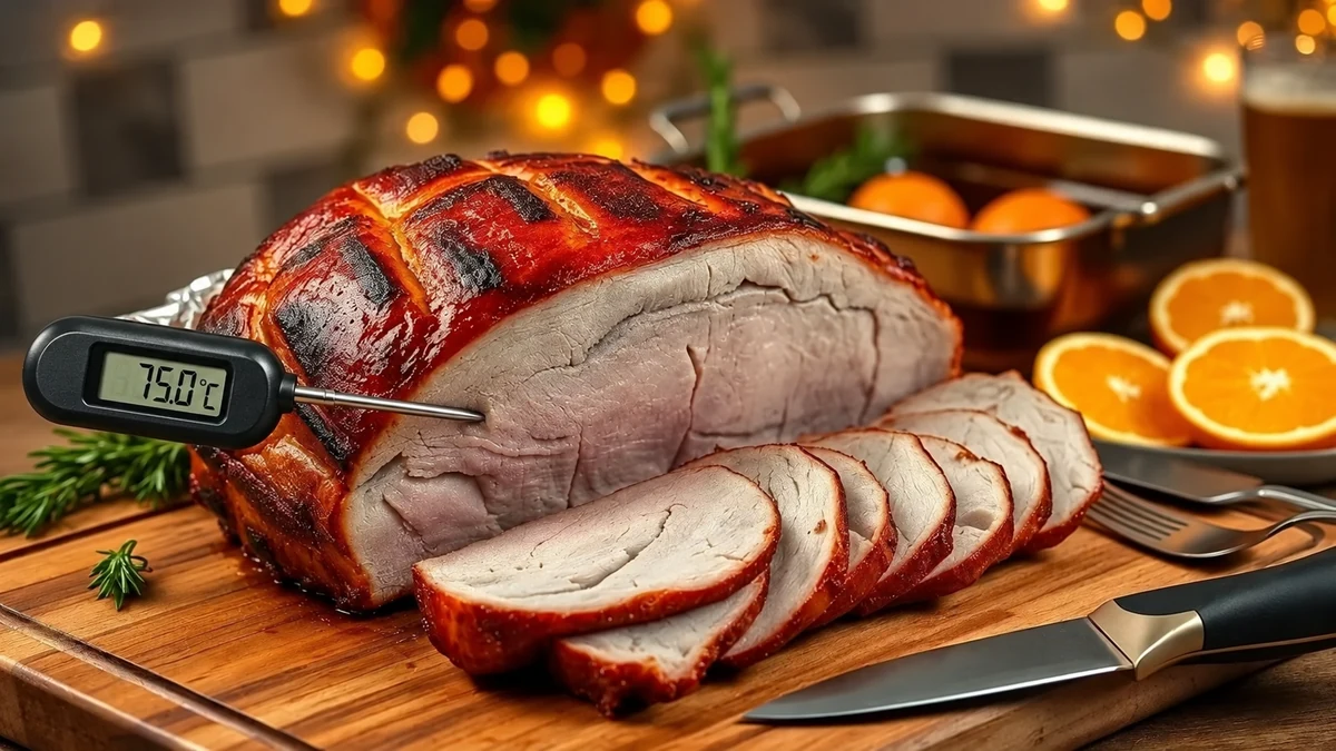 Roast pork being checked with a food thermometer Roast pork being checked with a food thermometer