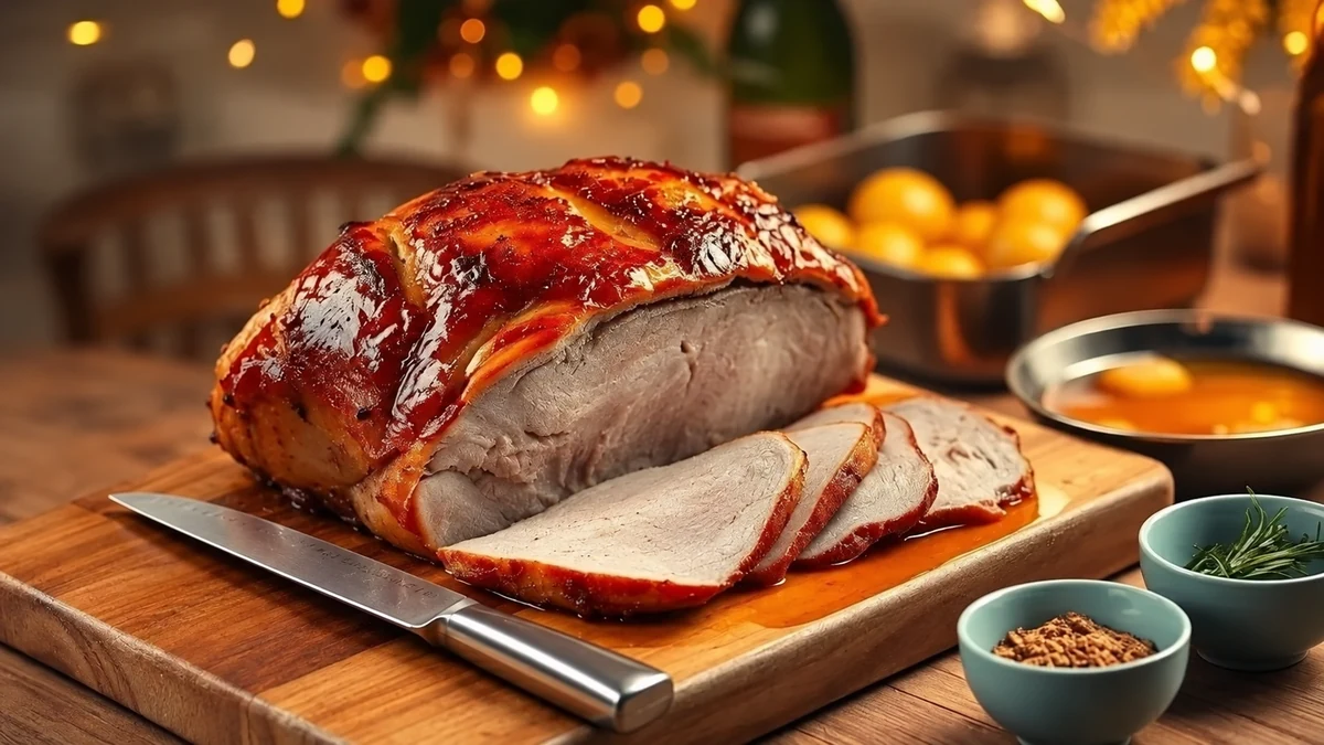 Roast pork leg sliced on a carving board beside gravy Roast pork leg sliced on a carving board beside gravy