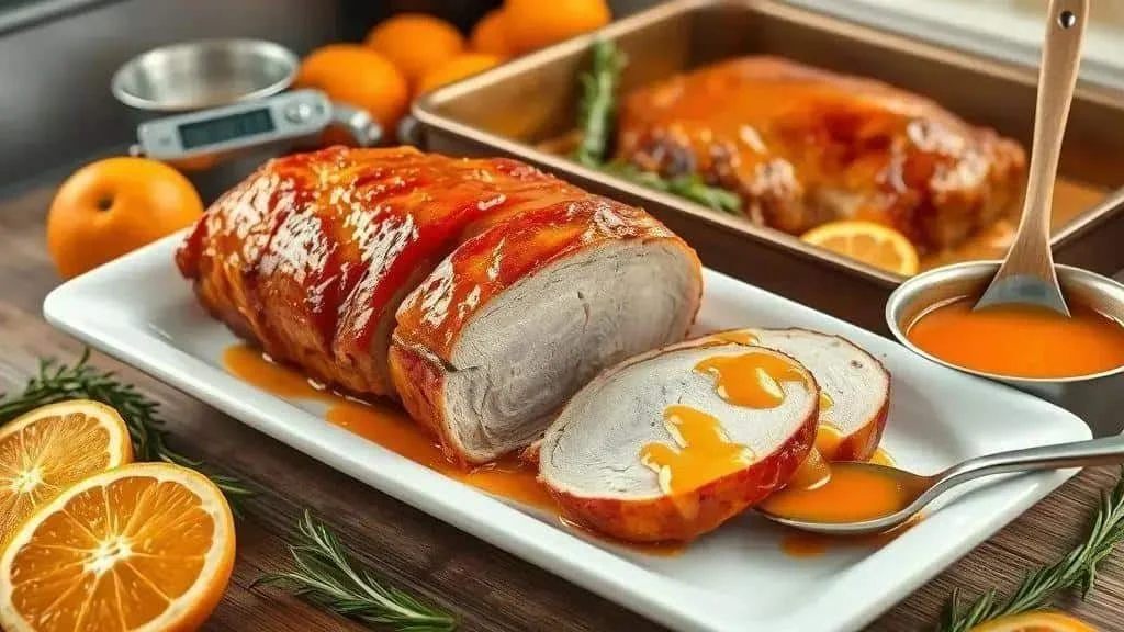 Roast pork loin with orange sauce ready to carve Roast pork loin with orange sauce ready to carve