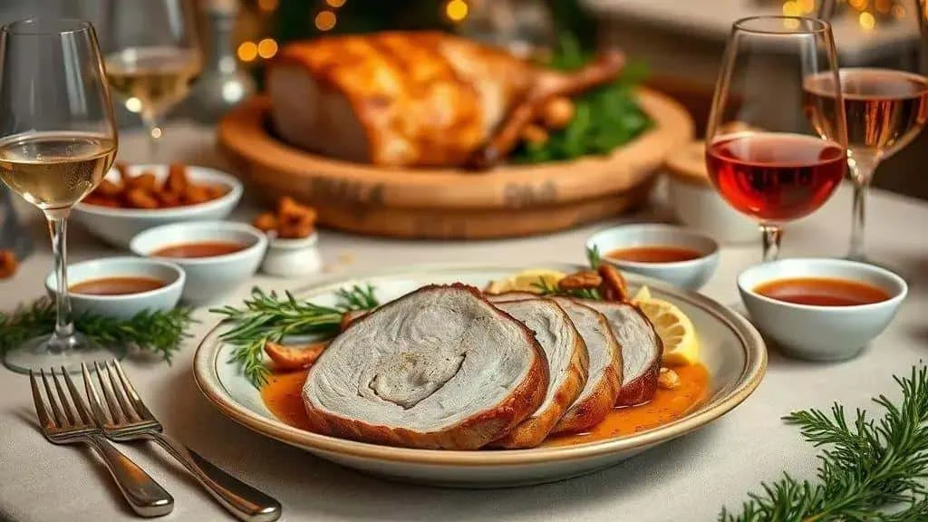 Roast pork slices and side dishes at a festive table Roast pork slices and side dishes at a festive table