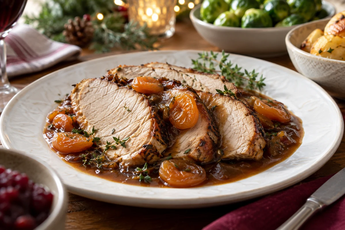 Roast pork slices with dark beer gravy, apricots and herbs on a white plate
