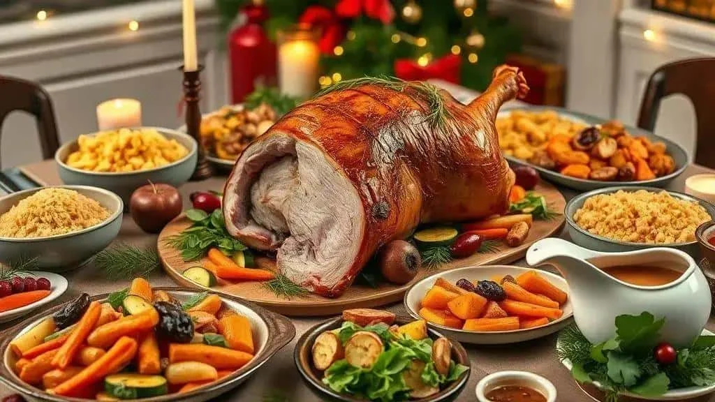 Roast pork with festive side dishes