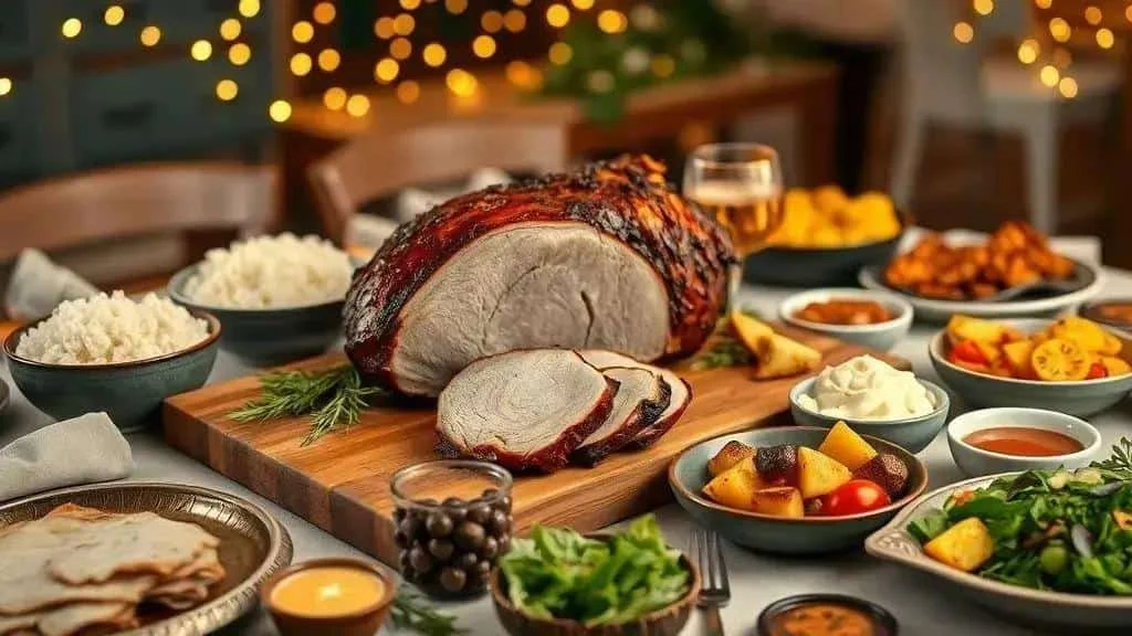 Roast pork with rice, vegetables and festive accompaniments Roast pork with rice, vegetables and festive accompaniments