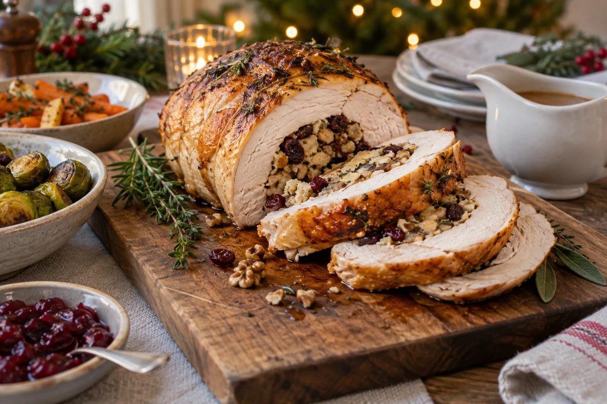 Roast stuffed turkey breast roll sliced to reveal a modest bread, cranberry and walnut filling