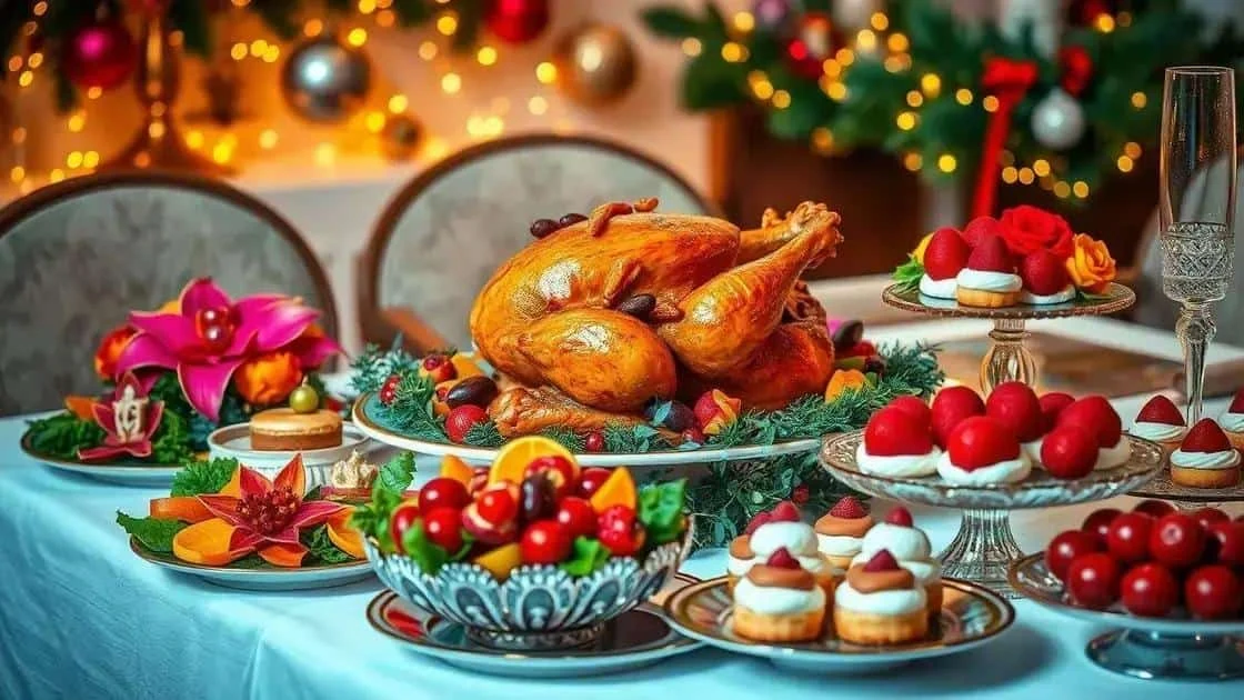 Roast turkey and festive desserts arranged on a table Roast turkey and festive desserts arranged on a table