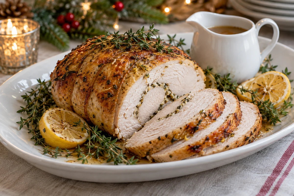 Roast turkey breast roll with lemon, thyme and a small jug of gravy on a white platter