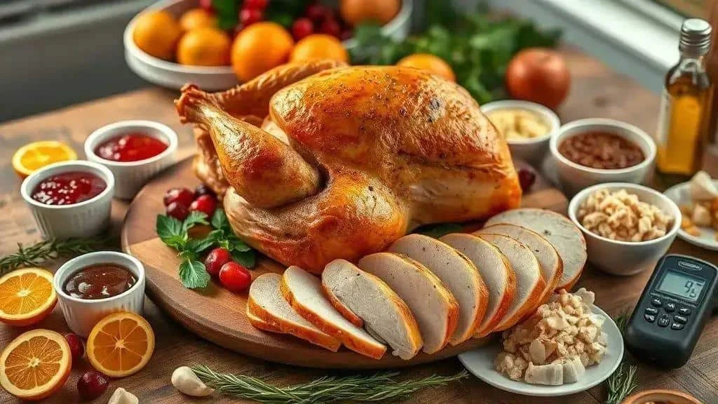 Roast turkey breast slices and side dishes