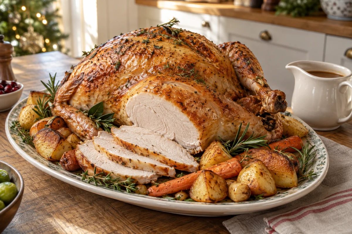 Roast turkey carved on a festive platter