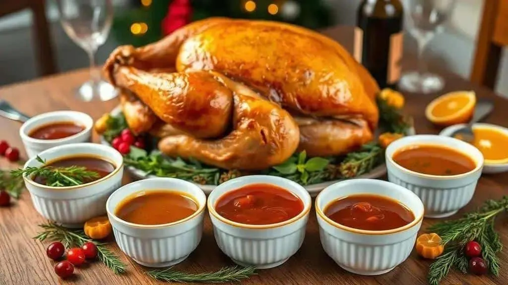 Roast turkey served with a selection of Christmas sauces