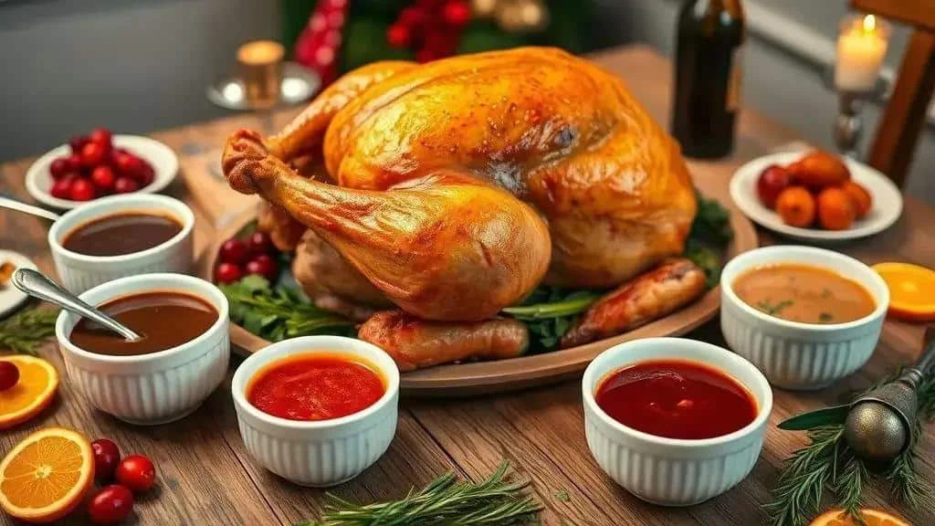 Roast turkey surrounded by bowls of gravy and fruit sauces Roast turkey surrounded by bowls of gravy and fruit sauces