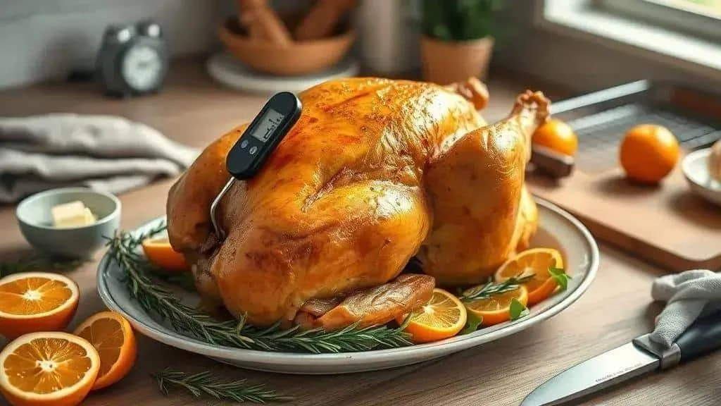 Roast turkey with a food thermometer