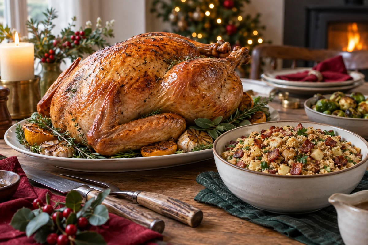 Roast turkey with a separate farofa side Roast turkey with a separate farofa side