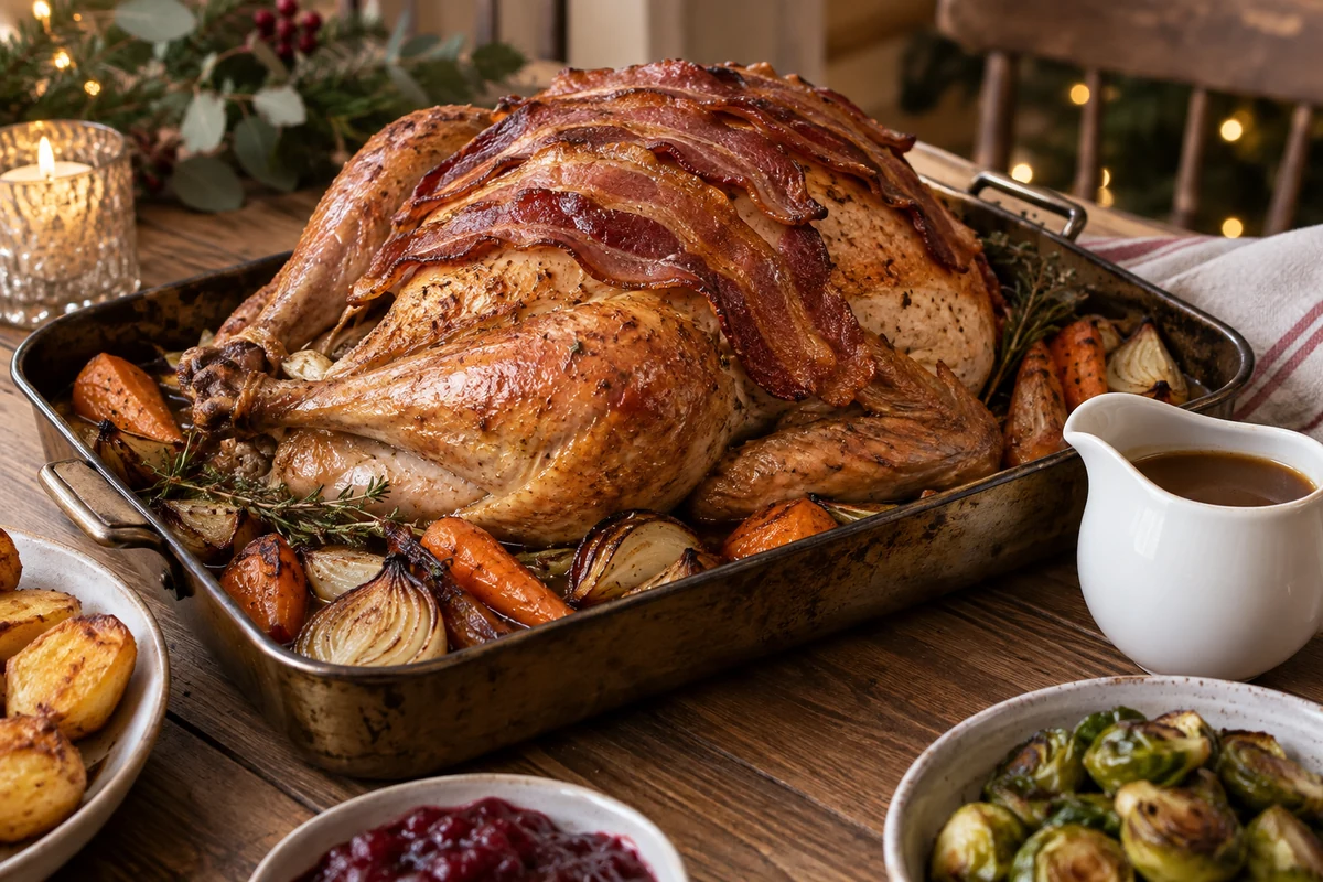 Roast turkey with cooked bacon Roast turkey with cooked bacon