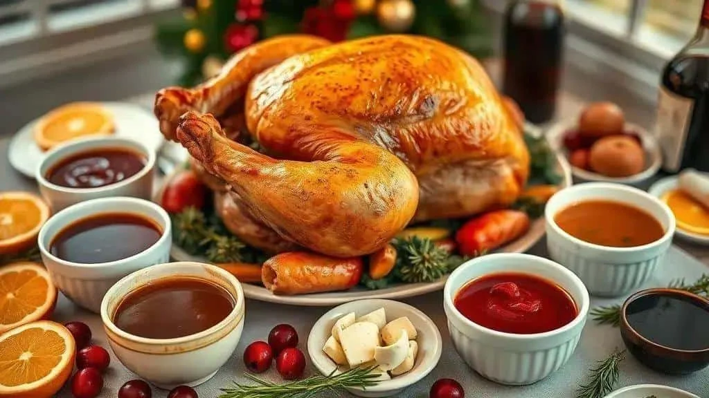 Roast turkey with gravy, orange sauce, cranberry sauce and herb butter Roast turkey with gravy, orange sauce, cranberry sauce and herb butter