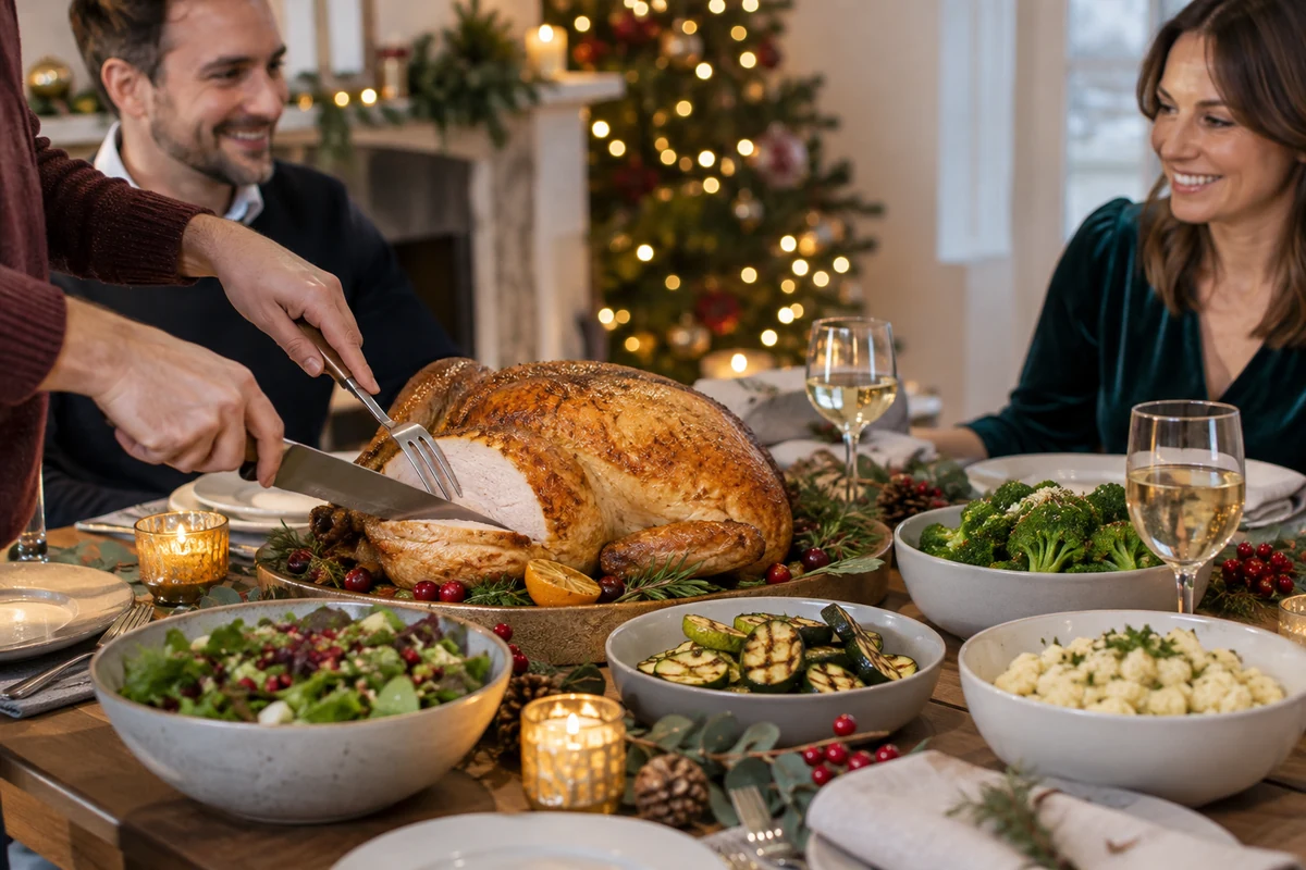 Roast turkey with green vegetables salad and cauliflower
