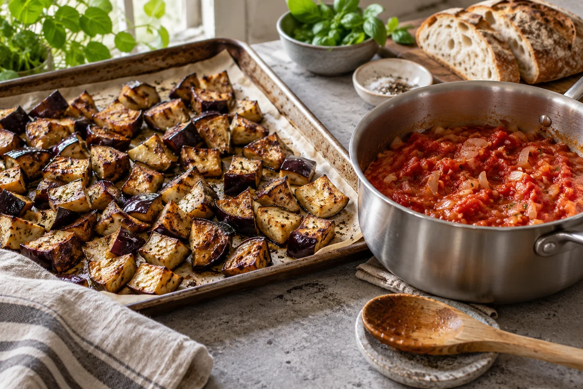 Roasted aubergine beside a pan of tomatoes and onions