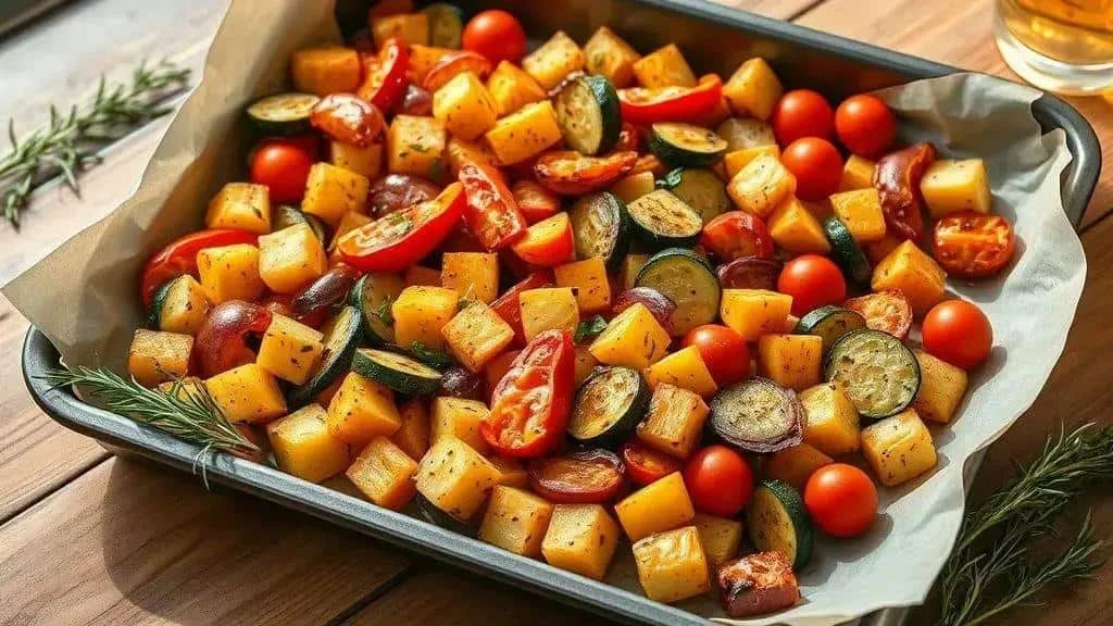 Roasted mixed vegetables on an oven tray
