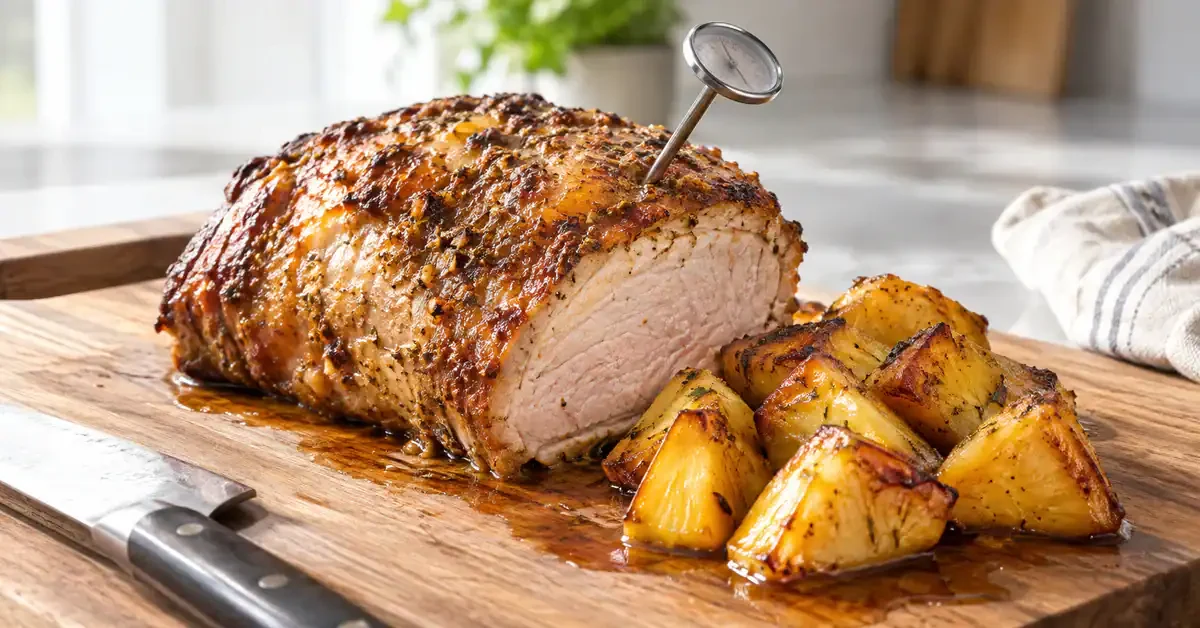 Roasted pork and pineapple with a food thermometer