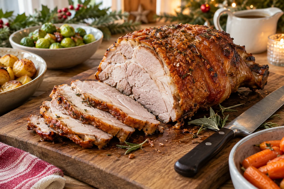 Roasted pork leg being carved into ordinary slices beside a conventional carving knife