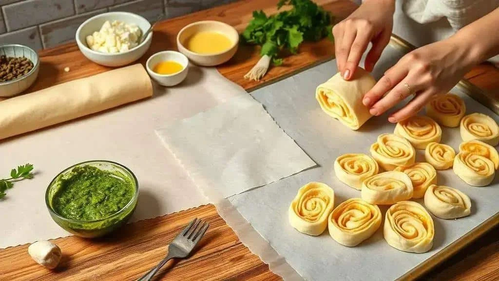Rolling cheese and chimichurri puff pastry