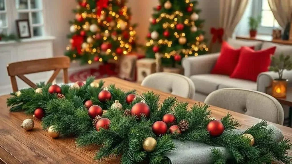 Room decorated with red and gold garlands