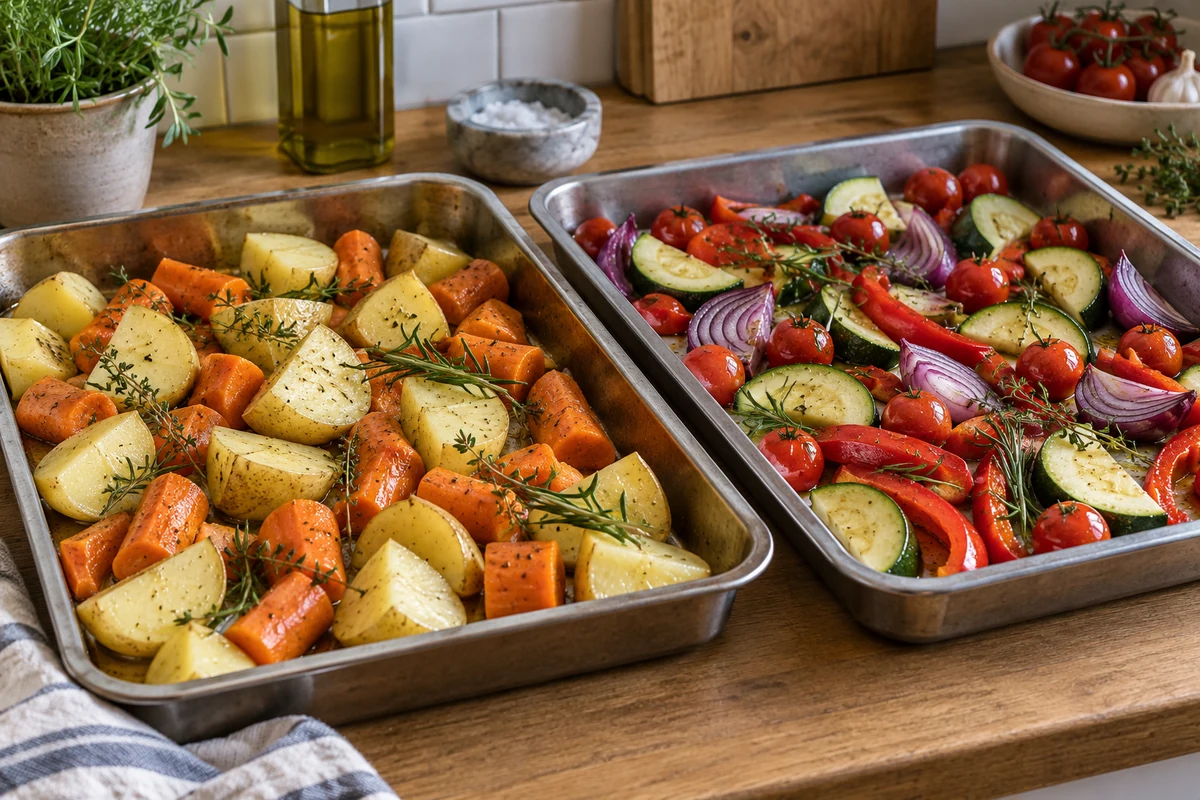 Root vegetables and softer vegetables on separate roasting trays