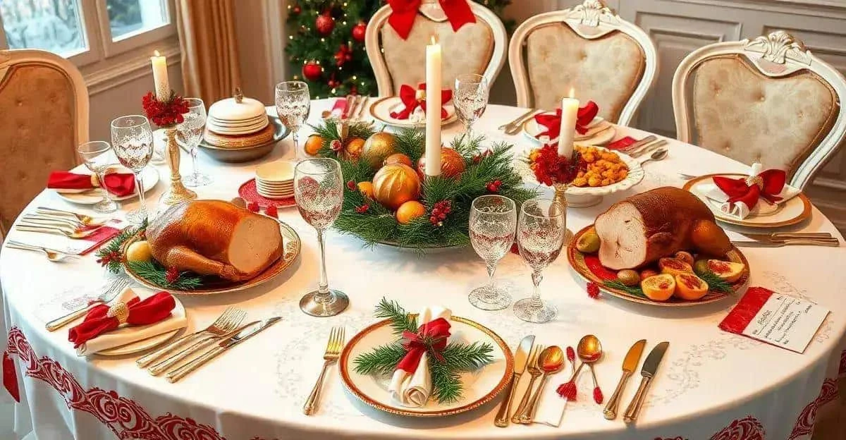 Round Christmas table with roast food and festive decorations