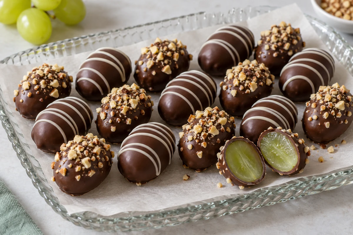 Rows of chocolate-covered grapes with white chocolate and nut toppings Rows of chocolate-covered grapes with white chocolate and nut toppings