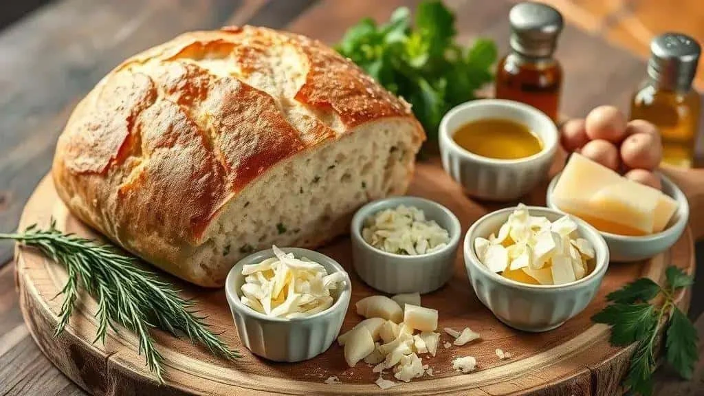 Rustic bread, cheese, garlic and herbs for a Christmas starter Rustic bread, cheese, garlic and herbs for a Christmas starter