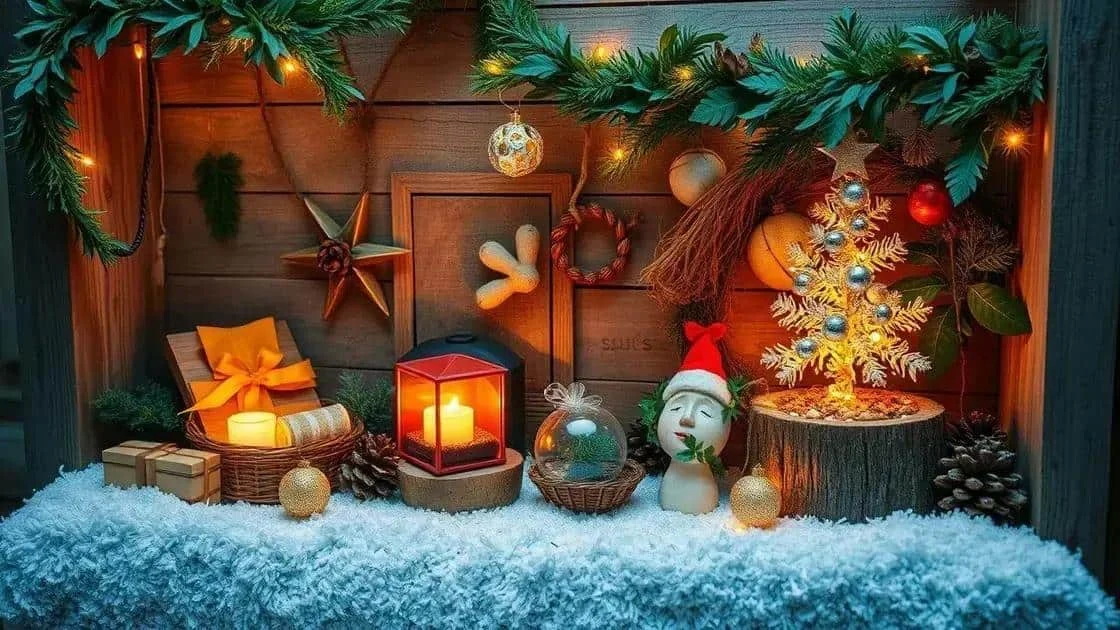 Rustic Christmas display with small ornaments and greenery